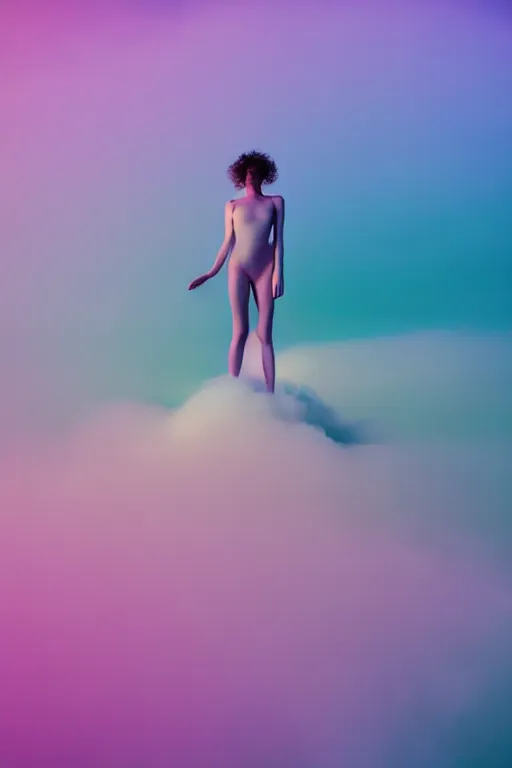 Image similar to high quality pastel coloured film close up wide angle photograph of a model wearing clothing swimming on cloud furniture in a icelandic black rock!! environment in a partially haze filled dreamstate world. three point light, rainbow. photographic production. art directed. pastel colours. volumetric clouds. pastel gradient overlay. waves glitch artefacts. extreme facial clarity. 8 k. filmic.