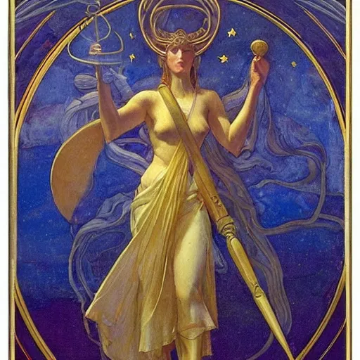 Prompt: saint Woman, Venus, Athena, queen, by Annie Swynnerton and Nicholas Roerich and jean delville, strong dramatic cinematic lighting , ornate headdress , flowing robes, lost civilizations, smooth, sharp focus, extremely detailed, marble, stars, gold, space