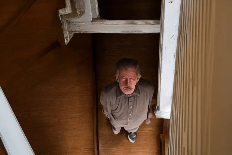 Prompt: standing at the top of stairs in a house, looking down over the shoulder at the ghost of a man at the bottom