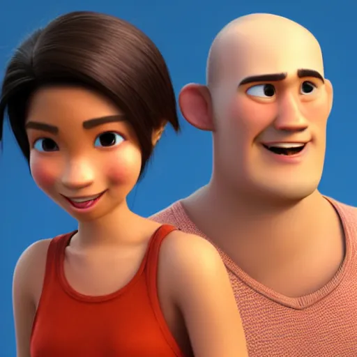 Image similar to young beautiful athletic Filipino woman with long hair standing beside a handsome caucasian athletic thin man with very short buzzed hair, balding, stubble on his face, blue eyes, depicted as adult Pixar characters, high quality cg render