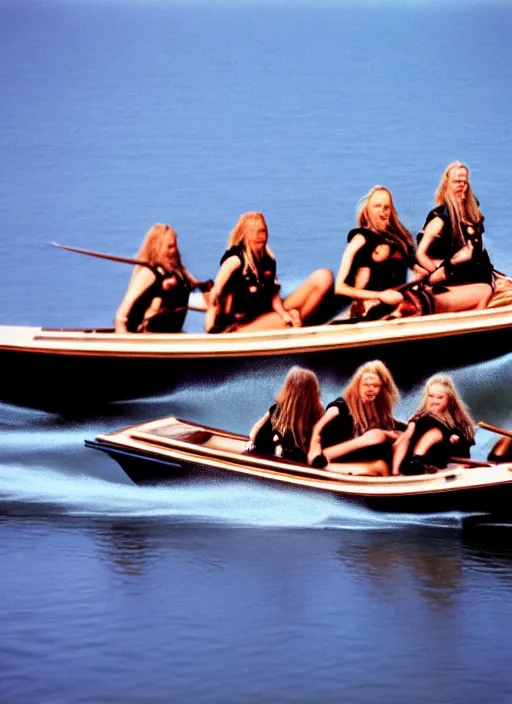 Prompt: photo of viking women in speed boats invading scottland, hyperrealism, fujifilm velvia 5 0