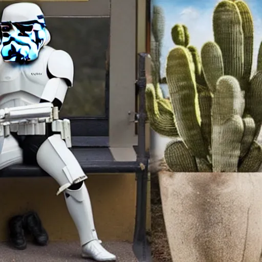 Prompt: an imperial stormtrooper with gold hair holding a cactus in a bus stop, in the movie gone with the wind, hyperrealistic