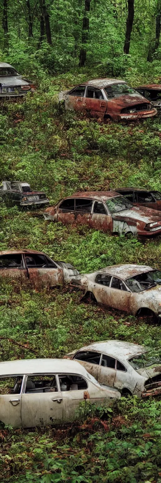 Image similar to a hi 8 footage still of a forest full of abandoned european sedans, coupes and vans with rust damage, broken parts and vegetation.