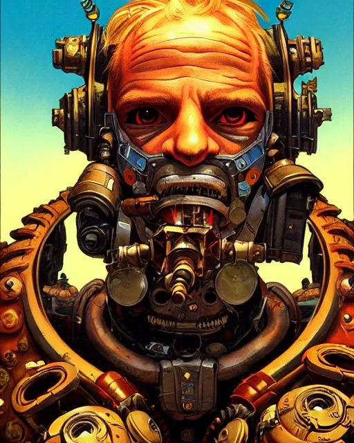 Image similar to junkrat from overwatch, slight smile, character portrait, portrait, close up, concept art, intricate details, highly detailed, vintage sci - fi poster, retro future, in the style of chris foss, rodger dean, moebius, michael whelan, and gustave dore