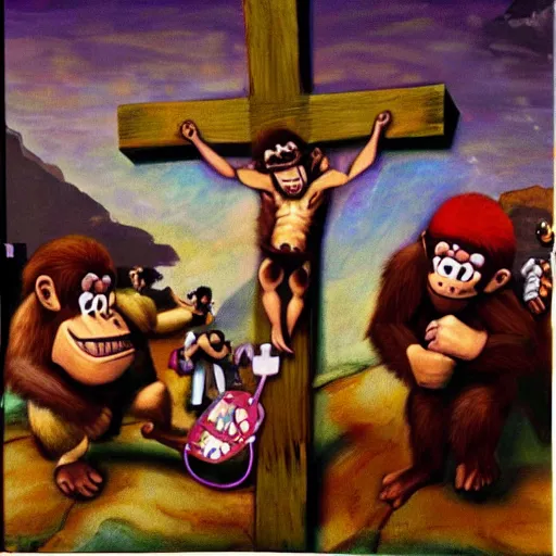 Image similar to Donkey Kong dies on the cross for our sins, oil painting