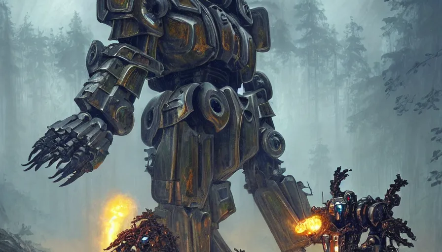 Image similar to mech covered in armor with elden ring aesthetic, ancient metal, artifact machine, glowing lights, piloted by mysterious creatures, gundam and robocop aesthetic, beautiful forests and trees, gothic castles and towers, small people with torches, intricate detail, baroque, art by darek zabrocki and John Park and Feng Zhu and Jason Chan, trending on artstation, masterpiece.