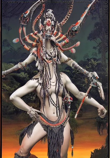 Prompt: Horizon zero dawn kali durga editorial by Wayne Barlowe designed by alexander mcqueen painted by caravaggio and by virgil finlay