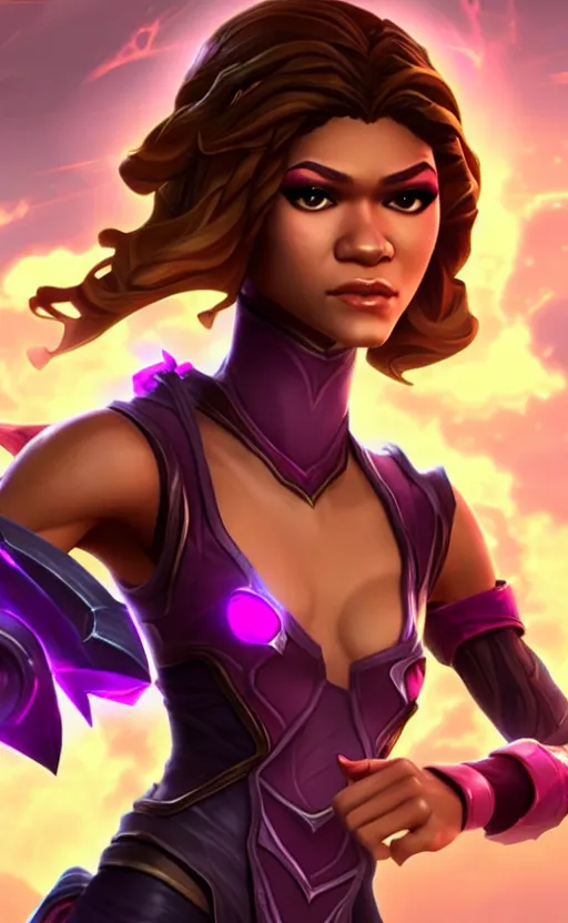 Image similar to Zendaya as a character in the game League of Legends, with a background based on the game League of Legends, detailed face, old 3d graphics