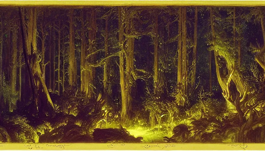 Image similar to disney illustrated background of a fantasy forest at night by eugene von guerard, ivan shishkin, john singer sargent