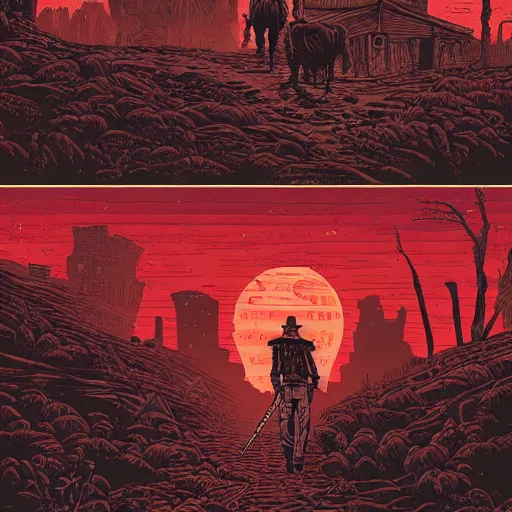 Image similar to cowboy walking into ruined town, nightime, highly detailed, artwork by dan mumford, blood red moon