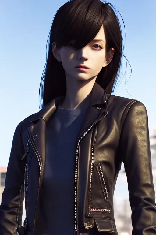 Image similar to extremely beautiful aesthetic girl with leather jacket staring at the camera in the urban city, occlusion shadow, specular reflection, rim light, unreal engine, octane render, artgerm, artstation, art by hiroaki samura and jiro matsumoto and yusuke murata, high quality, intricate detailed 8 k, beautiful shape of face and body, sunny day