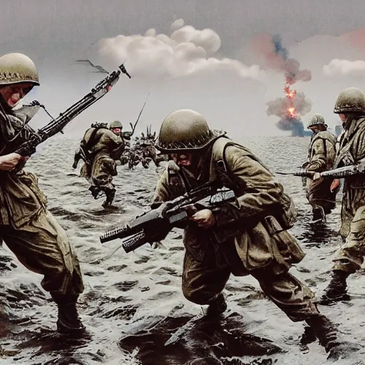 Image similar to d - day scene from saving private ryan except it's by victo ngai and yoji shinkawa moebius jean girard and stuart brown bryan christie godmachine keith thompson psychedelic combat art world war two combat photography photorealistic