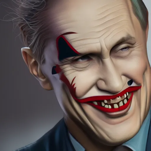 Prompt: Vladimir Putin is The Joker, hyperdetailed, artstation, cgsociety, 8k