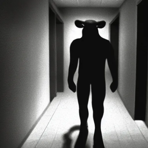 Image similar to hi - 8 night vision camera footage of a barely visible, bipedal minotaur with shrouded in darkness at the end of an extremely dark hallway