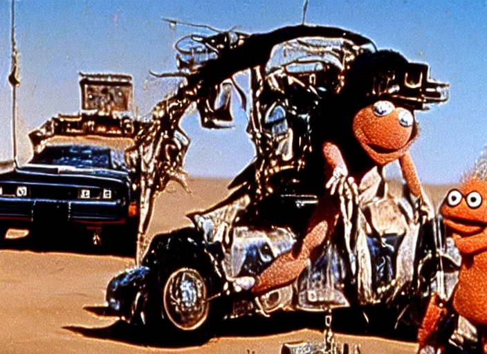 Image similar to scene from the 1979 science fiction film Muppet Mad Max