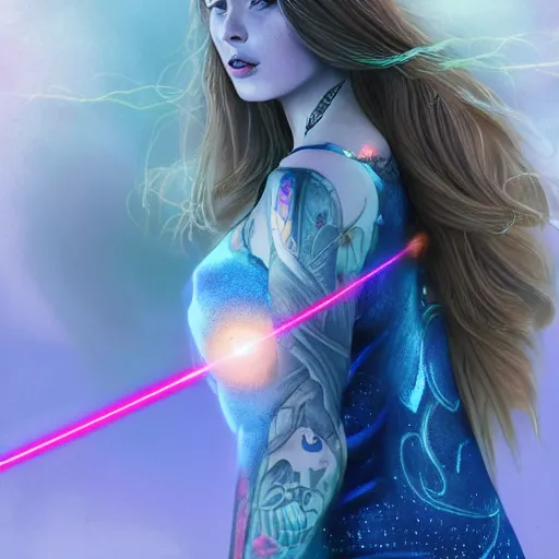 Prompt: a full body portrait of a beautiful tattooed redhead woman sitting, carrying a laser gun, a planet in the background. blue tight dress, light iridescent hair color, long windy hair style, fantasy, realistic, intricate, sharp focus, lens flare, bloom, rim light, illustration, highly detailed, digital painting, concept art, matte, art by ruan jia