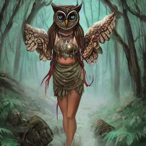 Prompt: owl goddess, ritual in a forest, trending on artstation, concept art