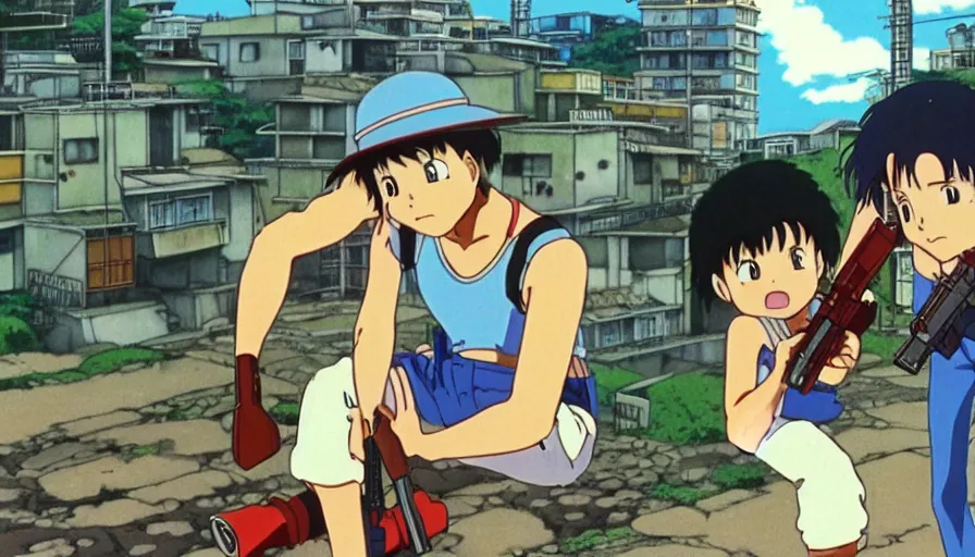 Image similar to 1 9 8 6 anime screencap of a couple with a gun on a rio de janeiro anime, by hayao miyazaki, studio ghibli, beautiful favela background extremely utra high quality artwork 8 k