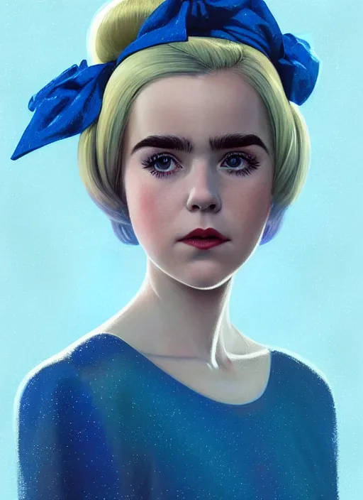 Image similar to portrait of kiernan shipka with freckles, white hair, big 1 9 6 0 s bob hairstyle with bangs and hairband, blue 1 9 6 0 s dress, intricate, elegant, glowing lights, highly detailed, digital painting, artstation, concept art, smooth, sharp focus, illustration, art by wlop, mars ravelo and greg rutkowski