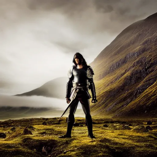 Image similar to a long shot, high quality dslr photo of a tall and muscular man with long black hair in authentic 1 4 th - century armor standing holding a claymore sword. tough and stoic looking. dramatic and cinematic lighting. golden hour. foggy and atmospheric. ben nevis the scottish mountain is in the background. epic and heroic tone. editorial award winning photograph.