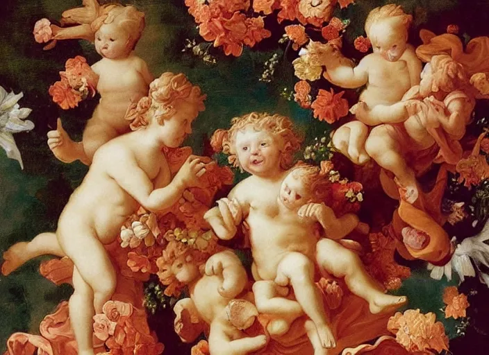 Image similar to cheeto's, extremely detailed, cheeto's surrounded by flowers and cherubs, a baroque painting, rococo style