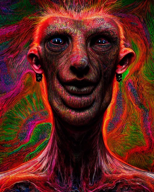 Image similar to realistic portrait of a creature experiment gone wrong, psychedelic, dark art, facing camera, photo realistic, detailed, 1 4 5 0, delicate, hyper realism, ultra realistic, 8 k