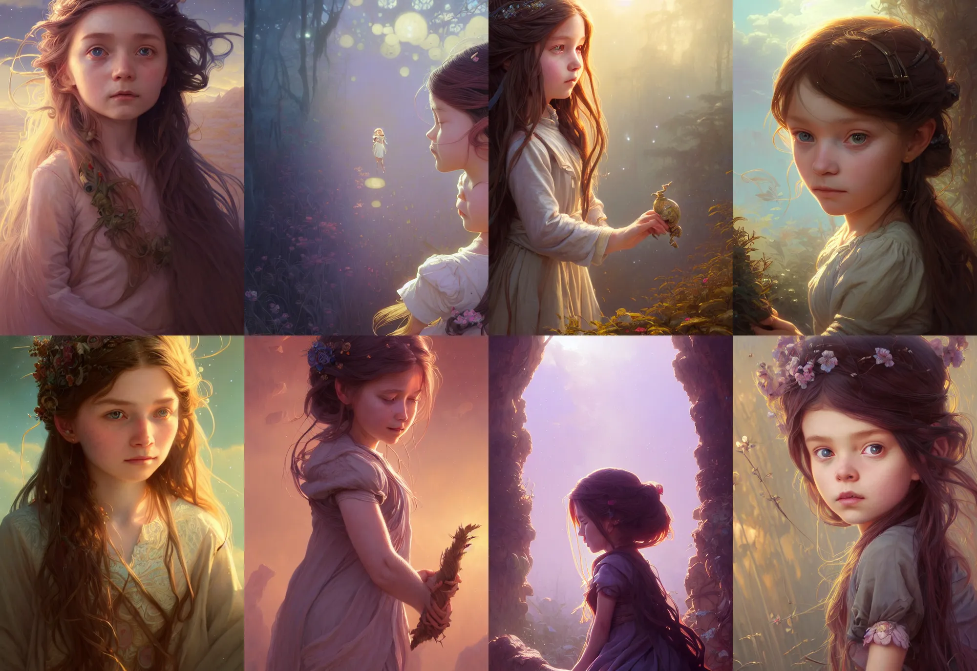 Image similar to highly detailed portrait of a little girl with long hairs, stephen bliss, unreal engine, fantasy art by greg rutkowski, loish, rhads, ferdinand knab, makoto shinkai and lois van baarle, ilya kuvshinov, rossdraws, tom bagshaw, alphonse mucha, global illumination, radiant light, detailed and intricate environment