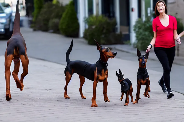 Prompt: toy doberman pinschers following a woman on a walk down the sidewalk