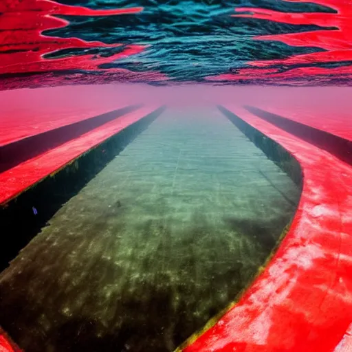 Image similar to a wide view under water in a big swimming pool of a watermelon floating on the surface