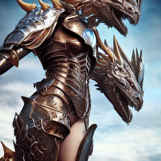 Image similar to highly detailed realistic stunning shot of a beautiful anthropomorphic female knight but as a dragon, doing a hot majestic pose, armor made of steel, sharp claws, HD octane render, epic cinematography, fantasy, Artstation, Deviantart, Furaffinity