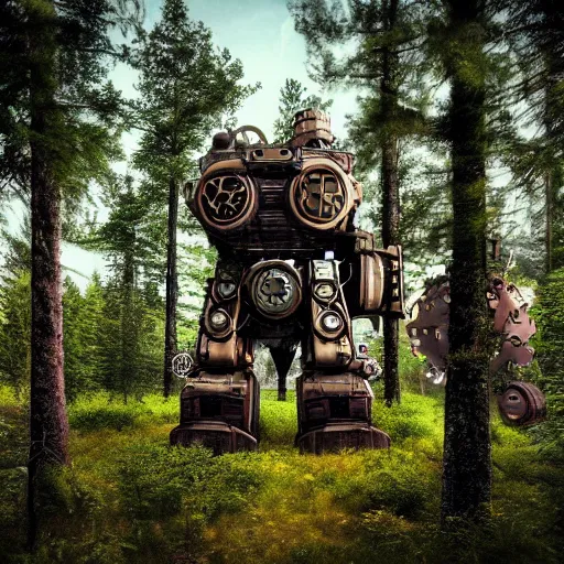 Image similar to steampunk colossal mech fortress travels across a swedish forest very low angle photograph trending on artstation