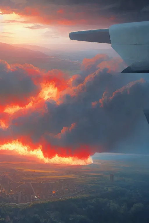 Prompt: airplane window view, the end of the word, huge fire, matte painting, ilya kuvshinov landscape, very detailed, ArtStation