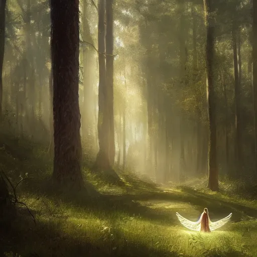 Image similar to A beautiful painting of an angel in a magical forest, ray traced sun light, by greg rutkowski and Kalin Popov , Trending on artstation HD.