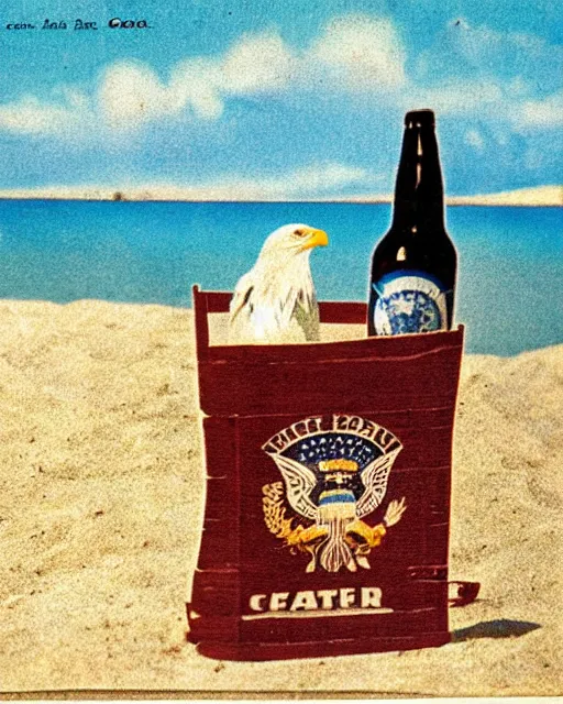 Image similar to postcard showing 'a cool bald eagle perched on a beach chair with shades and a beer bottle' laying in the sand, advertisement, american flag