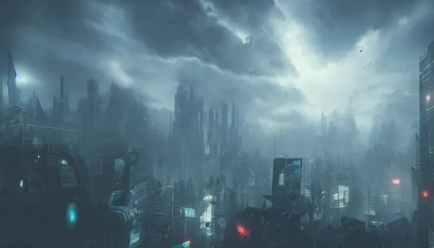 Image similar to man in sky falling through clouds over a dark cyberpunk city, digital art, volumetric lighting, dystopia, artstation, concept art, painting