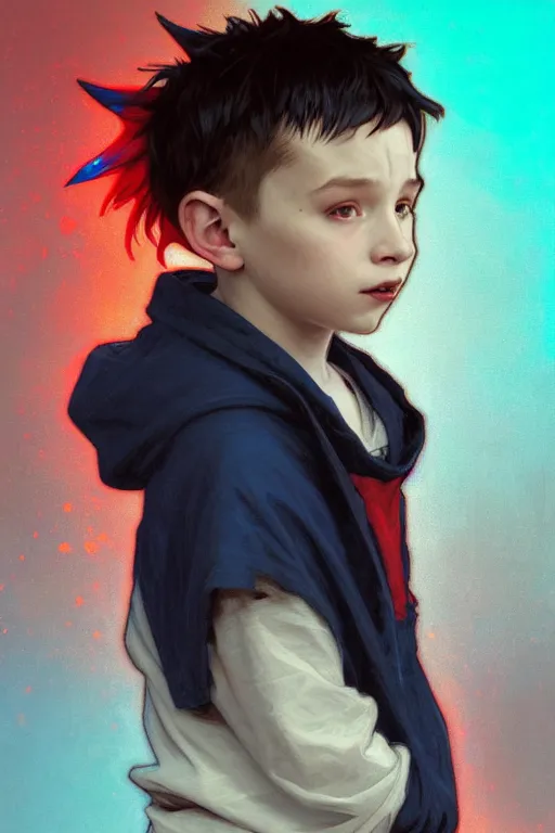 Image similar to portrait of a small boy with black hoodie, blue hair and red horns, luminous scene, by greg rutkowski and alphonse mucha, d & d character, gradient white to cyan, in front of an iridescent background, highly detailed portrait, digital painting, artstation, concept art, smooth, sharp focus ilustration, artstation hq