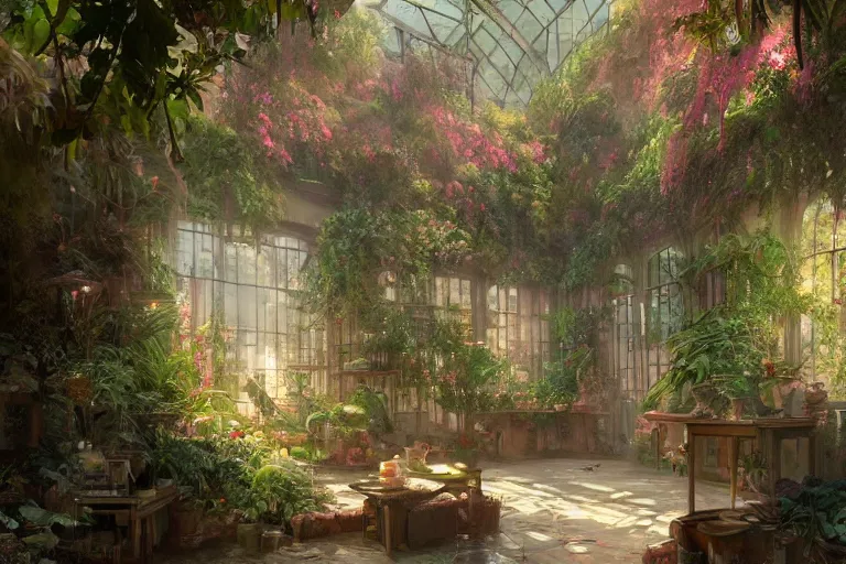 Prompt: a beautiful picture of indoor botanical garden ， boy, by greg rutkowski and thomas kinkade, trending on artstation