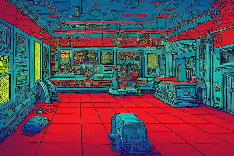 Prompt: ONE POINT PERSPECTIVE DUNGEON hassium ROOM, painted by dan mumford and Edward Gorey and Moebius and Greg Rutkowski and Paul Wenzel and George Barr and Stephen Youll,trending on artstation, iridescent cool blue and cyan and red and blue and yellow and green lighting front view futuresynth , outrun , vibrant colors, Sabattier filter , Watercolor