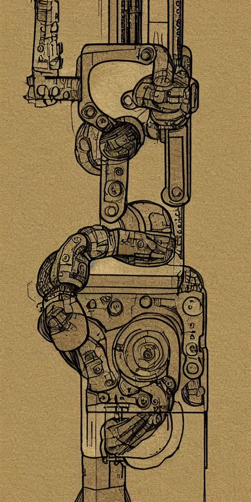 Prompt: robot/human interface by da vinci, detailed color technical drawing