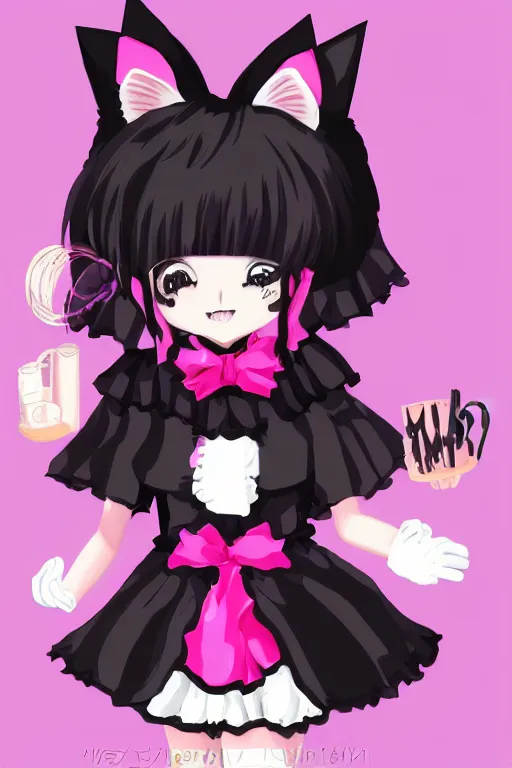 Image similar to Anime anthro cat with black fur, pink hair, and pink eyes in Gothic Lolita maid costume wearing small top hat in the style of Artstation