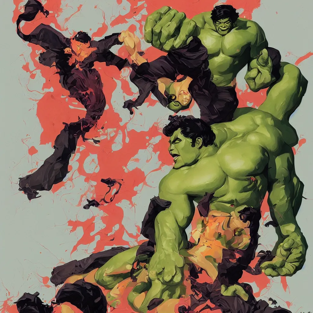 Prompt: the incredible hulk, style of Sachin Teng + Karol Bak + Rolf Armstrong