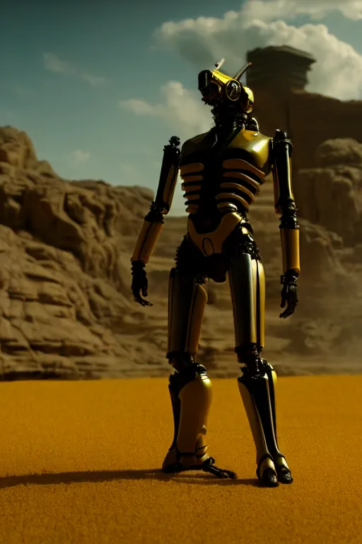 Image similar to a cinematic still from westworld, full body yellow mech bumblebee, humanoid servo, octane render, nvidia raytracing demo, masterpiece, aged armor plating, aggressive head,