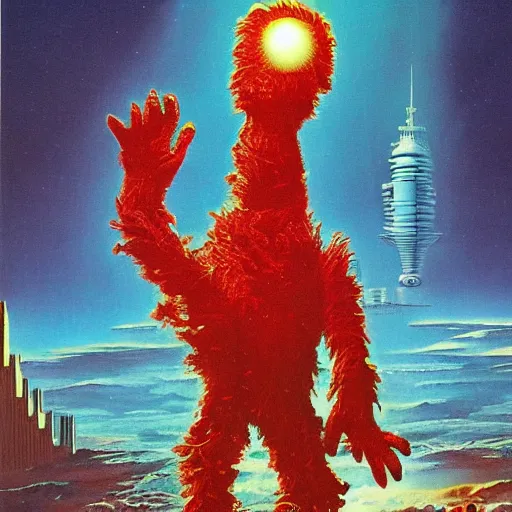 Image similar to elmo in the style of a 7 0 s science fiction novel cover, highly detailed, bruce pennington, peter jones