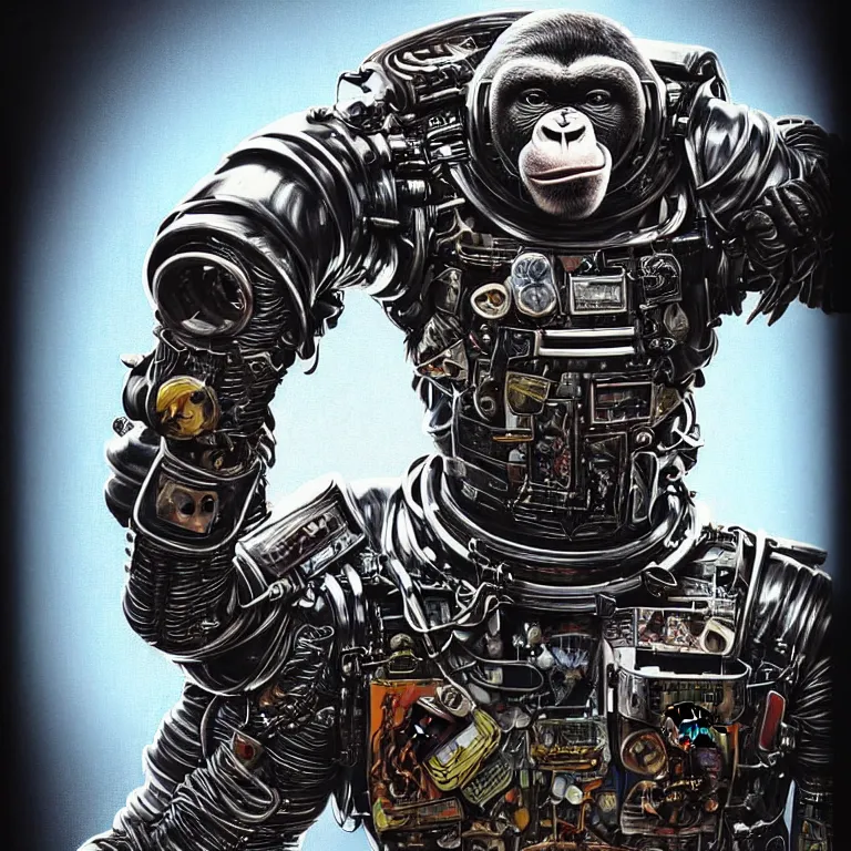 Image similar to a portrait of a muscular anthropomorphic cyberpunk chimp in spacesuit armor with ensignia on chest plate by sandra chevrier, by jon foster, detailed render, pistol in holster, extremely hyperdetailed, tape deck, epic composition, cybernetics, 4 k realistic, cryengine, realistic shaded lighting, sharp focus, masterpiece, by enki bilal