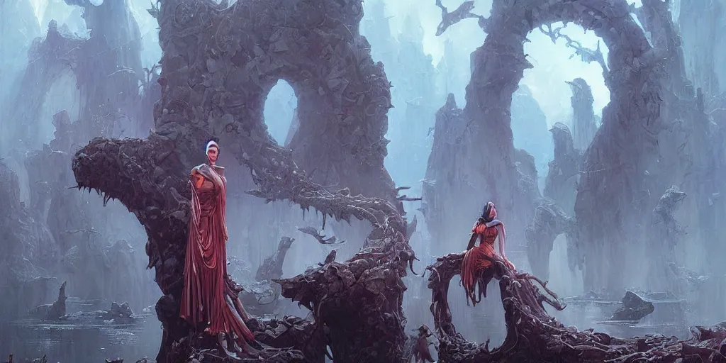 Prompt: fantasy painting with a woman in a surreal environment by Greg Rutkowski and Michael Whelan