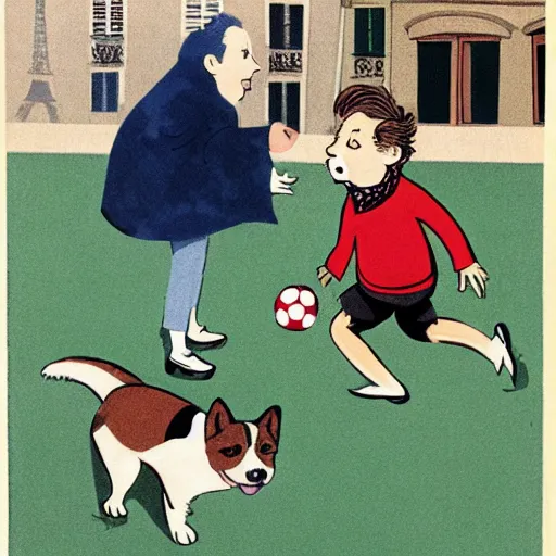 Image similar to book illustration of a french boy on the streets of paris playing football against a corgi, the dog is wearing a polka dot scarf, 1 9 6 6