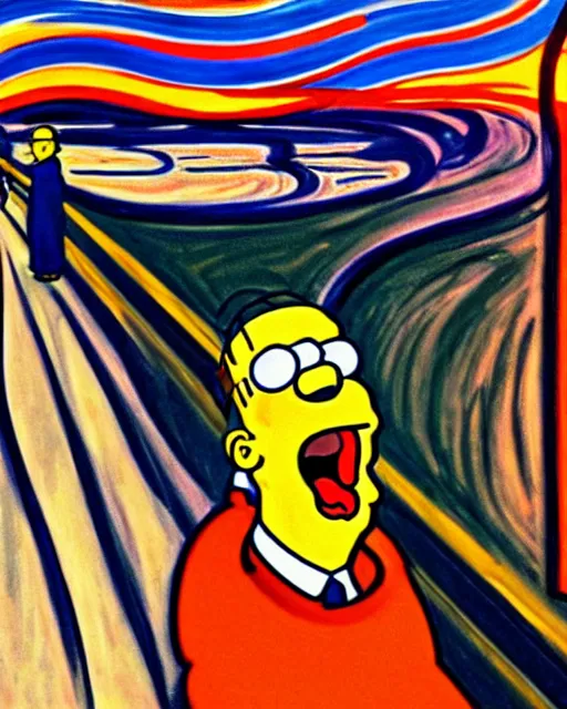 Image similar to a painting of homer simpson screaming in the scream by edvard munch