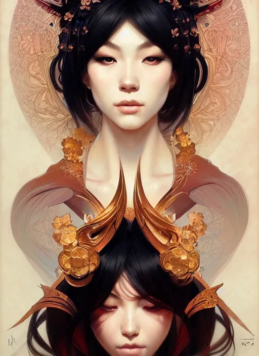 Image similar to portrait of ichigo, intricate, elegant, highly detailed, digital painting, artstation, concept art, smooth, sharp focus, illustration, art by artgerm, greg rutkowski, alphonse mucha, uang guangjian, gil elvgren, sachin teng, symmetry!!