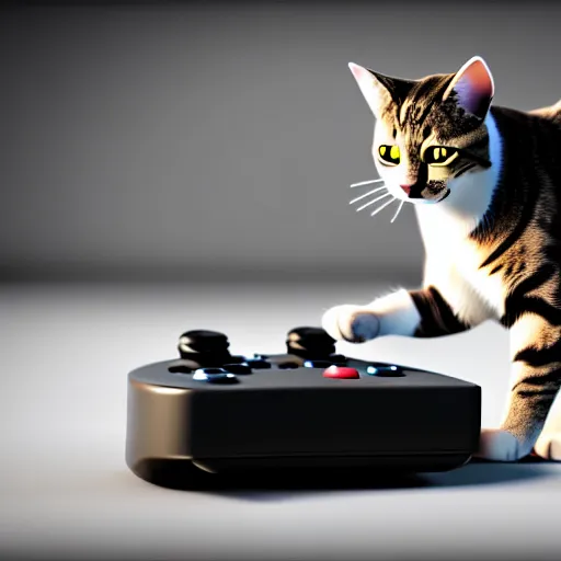 Prompt: a cat playing video games on a controller, photo, octane render, realistic, hyper realistic