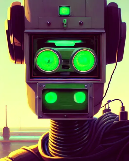 Prompt: hyper - realistic portrait of a vintage robot with green eyes, gta v cover art, celshading, sharp focus, intricate, detailed, by rhads, andreas rocha, makoto shinkai, lois van baarle, ilya kuvshinov and greg rutkowski, by greg rutkowski, dynamic lighting, sharp focus, grunge aesthetic, 4 k